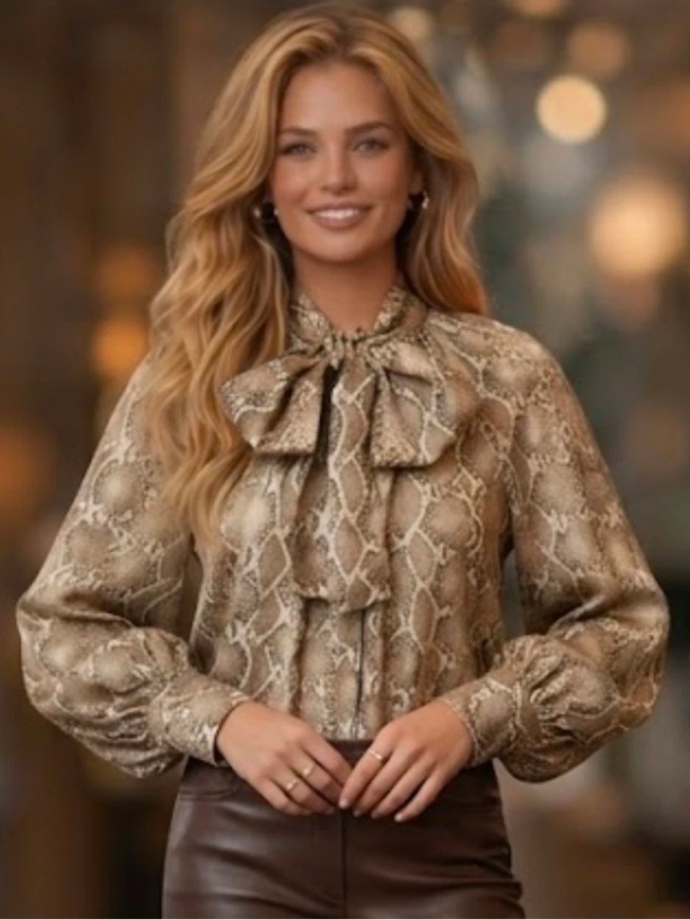 Bailey 44 Snake-Print Bow Blouse in Taupe and Beige